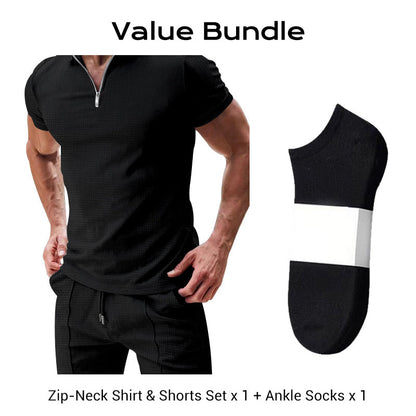 📢📢49% OFF !! ⏰ Summer Casual Zip-Neck Shirt & Shorts Set – Breathable, stylish & perfect for hot days – lightweight 2-piece comfort 🩳
