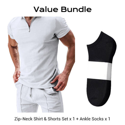 📢📢49% OFF !! ⏰ Summer Casual Zip-Neck Shirt & Shorts Set – Breathable, stylish & perfect for hot days – lightweight 2-piece comfort 🩳