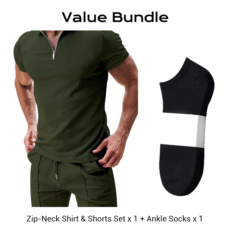 📢📢49% OFF !! ⏰ Summer Casual Zip-Neck Shirt & Shorts Set – Breathable, stylish & perfect for hot days – lightweight 2-piece comfort 🩳
