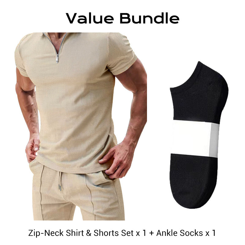 📢📢49% OFF !! ⏰ Summer Casual Zip-Neck Shirt & Shorts Set – Breathable, stylish & perfect for hot days – lightweight 2-piece comfort 🩳
