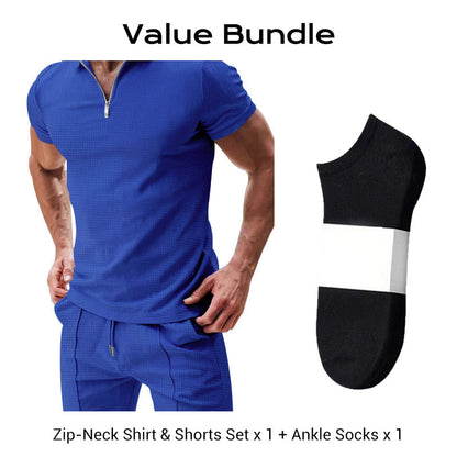 📢📢49% OFF !! ⏰ Summer Casual Zip-Neck Shirt & Shorts Set – Breathable, stylish & perfect for hot days – lightweight 2-piece comfort 🩳
