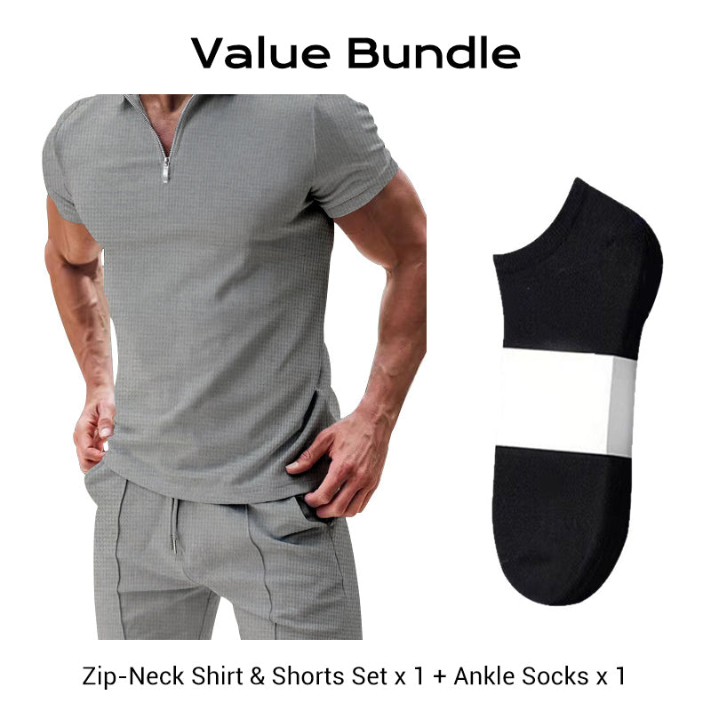 📢📢49% OFF !! ⏰ Summer Casual Zip-Neck Shirt & Shorts Set – Breathable, stylish & perfect for hot days – lightweight 2-piece comfort 🩳
