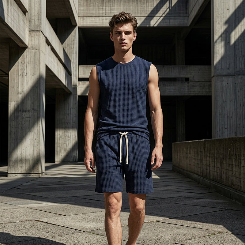 💪 LIMITED-TIME 49% OFF! 💥 Men's Casual Sportswear Tank Top & Shorts Set – Waffle Knit, Deep Pockets, Relaxed ✨