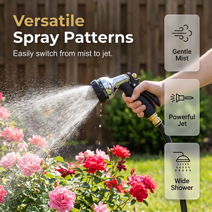 🔥HOT SALE🚿Heavy-Duty Brass Garden Hose Nozzle – 8 Spray Patterns, Leak-Proof & Ergonomic Grip for Driveways, Plants & Car Washing✨