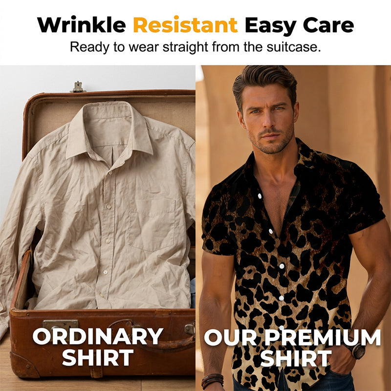 👔 LIMITED-TIME 49% OFF! ✨ Men's Leopard Print Shirt – Button Down, Short Sleeve, Black, 6 Sizes 🌴