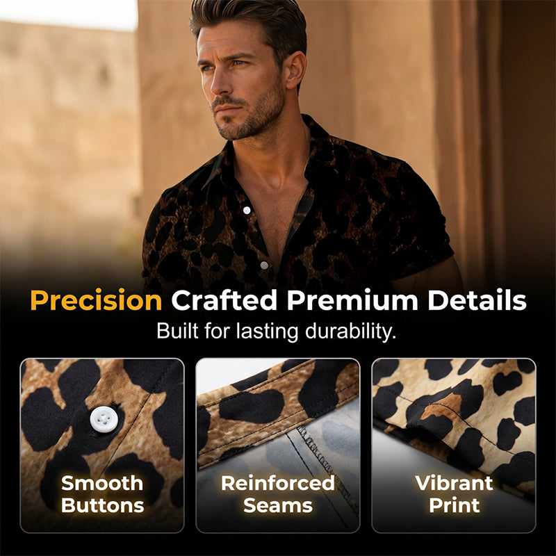 👔 LIMITED-TIME 49% OFF! ✨ Men's Leopard Print Shirt – Button Down, Short Sleeve, Black, 6 Sizes 🌴