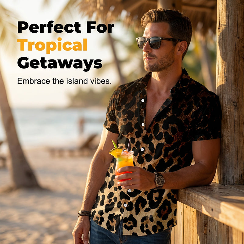 👔 LIMITED-TIME 49% OFF! ✨ Men's Leopard Print Shirt – Button Down, Short Sleeve, Black, 6 Sizes 🌴