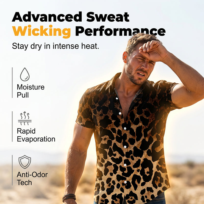 👔 LIMITED-TIME 49% OFF! ✨ Men's Leopard Print Shirt – Button Down, Short Sleeve, Black, 6 Sizes 🌴