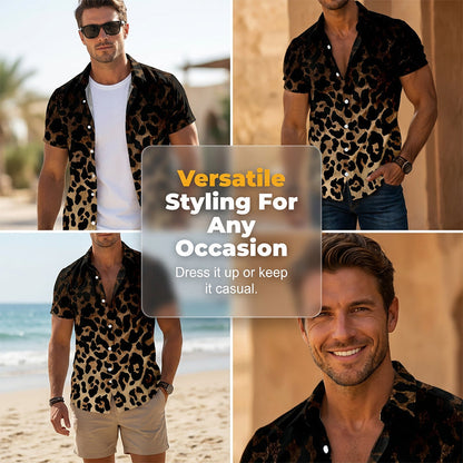 👔 LIMITED-TIME 49% OFF! ✨ Men's Leopard Print Shirt – Button Down, Short Sleeve, Black, 6 Sizes 🌴