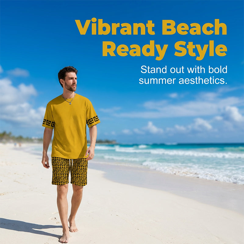 👕 49% OFF! 💛 Men's yellow graphic print short-sleeve workout set – Comfortable, sporty, and perfect for workouts and leisure – Pilling-resistant & breathable cotton 🔥