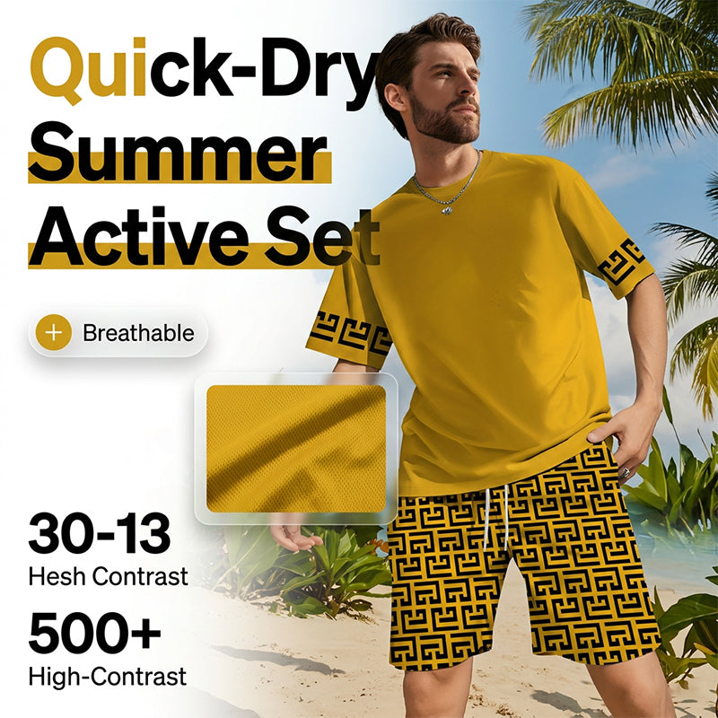 👕 49% OFF! 💛 Men's yellow graphic print short-sleeve workout set – Comfortable, sporty, and perfect for workouts and leisure – Pilling-resistant & breathable cotton 🔥