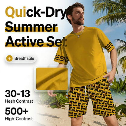 👕 49% OFF! 💛 Men's yellow graphic print short-sleeve workout set – Comfortable, sporty, and perfect for workouts and leisure – Pilling-resistant & breathable cotton 🔥