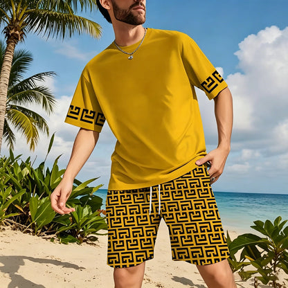 👕 49% OFF! 💛 Men's yellow graphic print short-sleeve workout set – Comfortable, sporty, and perfect for workouts and leisure – Pilling-resistant & breathable cotton 🔥