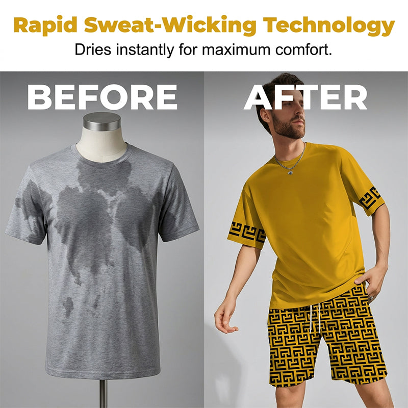 👕 49% OFF! 💛 Men's yellow graphic print short-sleeve workout set – Comfortable, sporty, and perfect for workouts and leisure – Pilling-resistant & breathable cotton 🔥