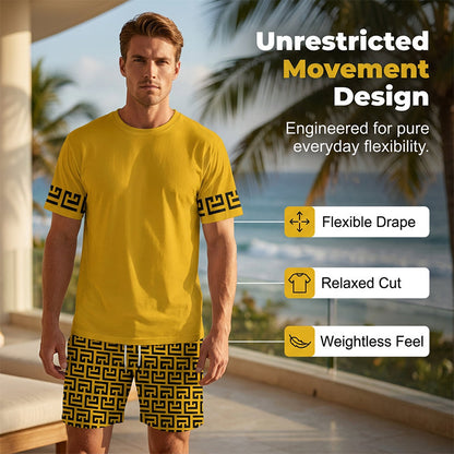 👕 49% OFF! 💛 Men's yellow graphic print short-sleeve workout set – Comfortable, sporty, and perfect for workouts and leisure – Pilling-resistant & breathable cotton 🔥