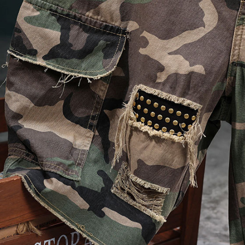 🩳 Men’s Studded Camo Cargo Shorts ✅ Distressed Style & Multi-Pocket Comfort | Rugged Streetwear Look 🔥