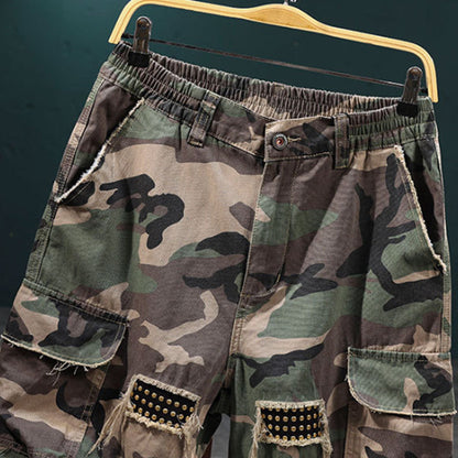 🩳 Men’s Studded Camo Cargo Shorts ✅ Distressed Style & Multi-Pocket Comfort | Rugged Streetwear Look 🔥