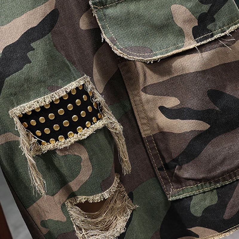 🩳 Men’s Studded Camo Cargo Shorts ✅ Distressed Style & Multi-Pocket Comfort | Rugged Streetwear Look 🔥