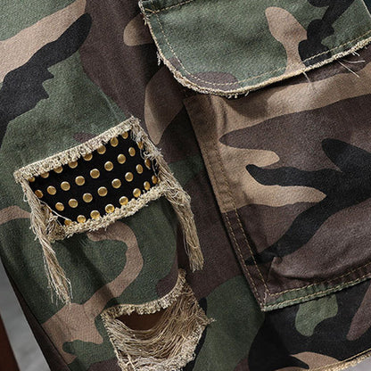 🩳 Men’s Studded Camo Cargo Shorts ✅ Distressed Style & Multi-Pocket Comfort | Rugged Streetwear Look 🔥