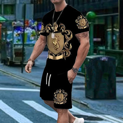 👕 49% OFF NOW! 👑 Men's Gold Crest Print T-Shirt & Shorts Set – Stylish, breathable & perfect for casual summer days or sporty looks 🩳