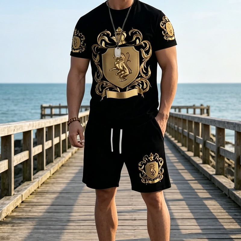 👕 49% OFF NOW! 👑 Men's Gold Crest Print T-Shirt & Shorts Set – Stylish, breathable & perfect for casual summer days or sporty looks 🩳