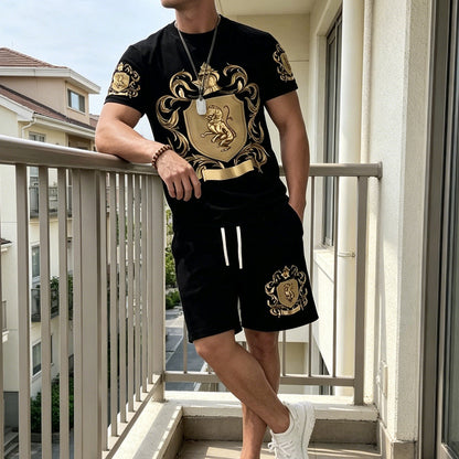 👕 49% OFF NOW! 👑 Men's Gold Crest Print T-Shirt & Shorts Set – Stylish, breathable & perfect for casual summer days or sporty looks 🩳
