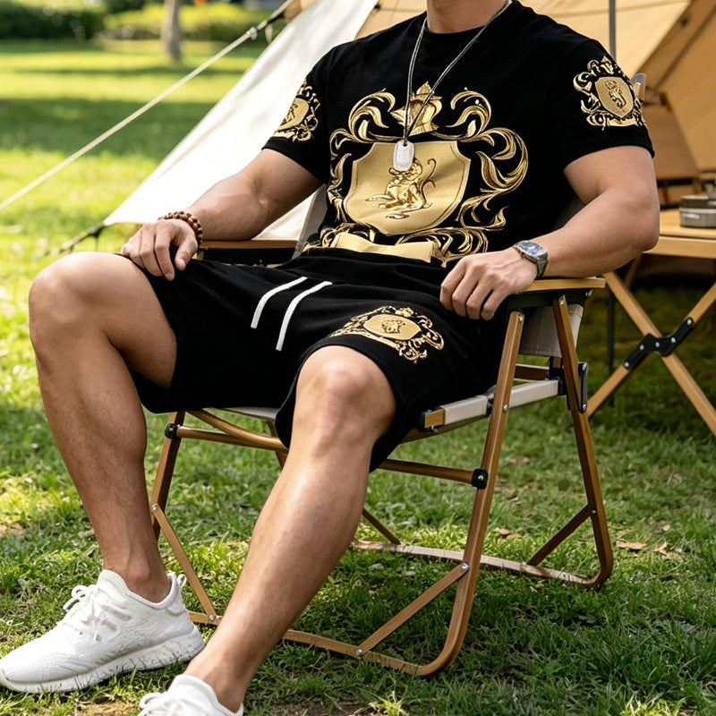 👕 49% OFF NOW! 👑 Men's Gold Crest Print T-Shirt & Shorts Set – Stylish, breathable & perfect for casual summer days or sporty looks 🩳