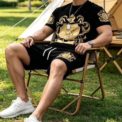 👕 49% OFF NOW! 👑 Men's Gold Crest Print T-Shirt & Shorts Set – Stylish, breathable & perfect for casual summer days or sporty looks 🩳