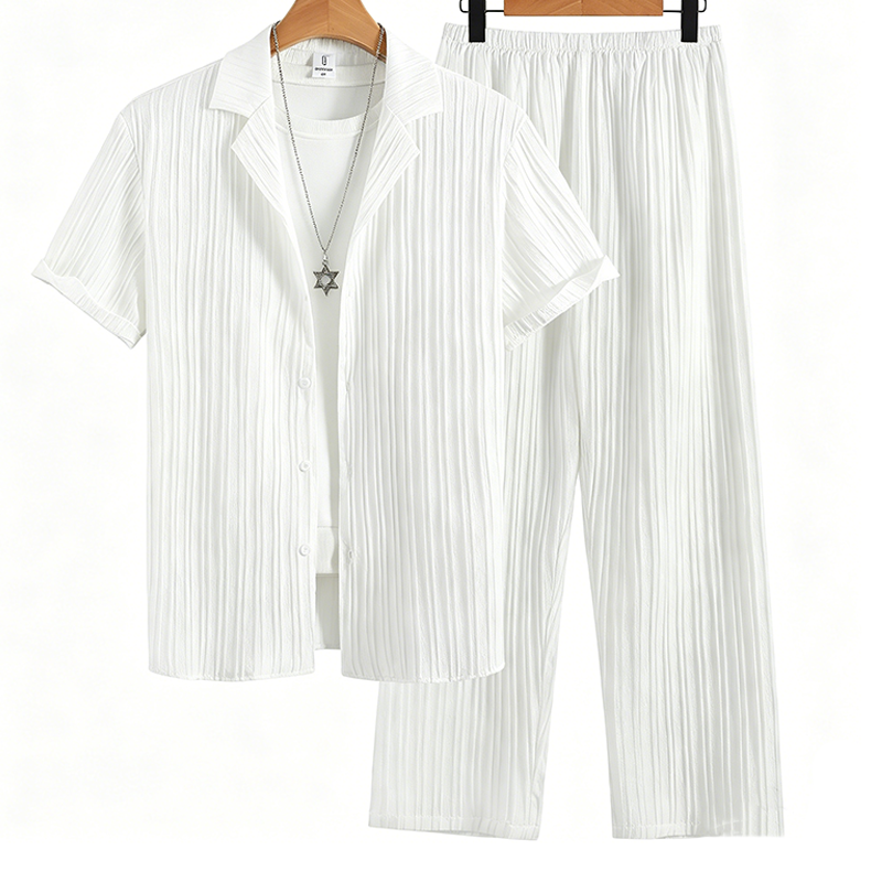 ☁️ Ribbed Comfort Set ✨Men's Ribbed Texture Shirt & Pants Set