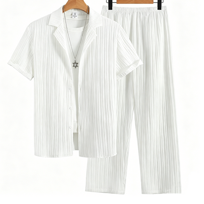 ☁️ Ribbed Comfort Set ✨Men's Ribbed Texture Shirt & Pants Set