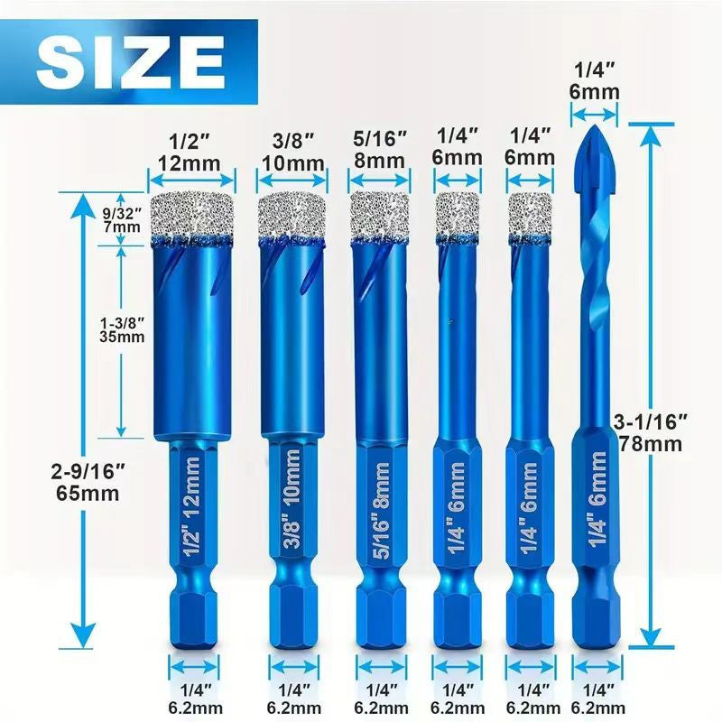 🔥2026 New Arrival ＆ Hot Sale ＆ 49％ Off🔥Porcelain Glass Ceramic Tile Dry Cut Diamond Drill Bit 6-Piece Set