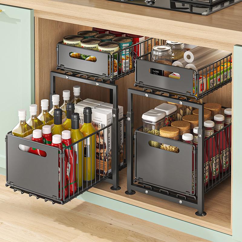 💪🥫Double-Tier Pull-Out Shelf Cabinet Organiser – 5 Height Adjustments, 2 Pull-Out Tiers, Carbon Steel & Large Capacity – No Assembly Required ✨