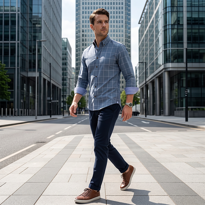 👔49% OFF! ✨Men's Modern Fit Windowpane Shirt – Contrast Details, Button-Down, Premium Blend 🍁