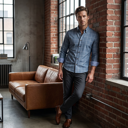 👔49% OFF! ✨Men's Modern Fit Windowpane Shirt – Contrast Details, Button-Down, Premium Blend 🍁