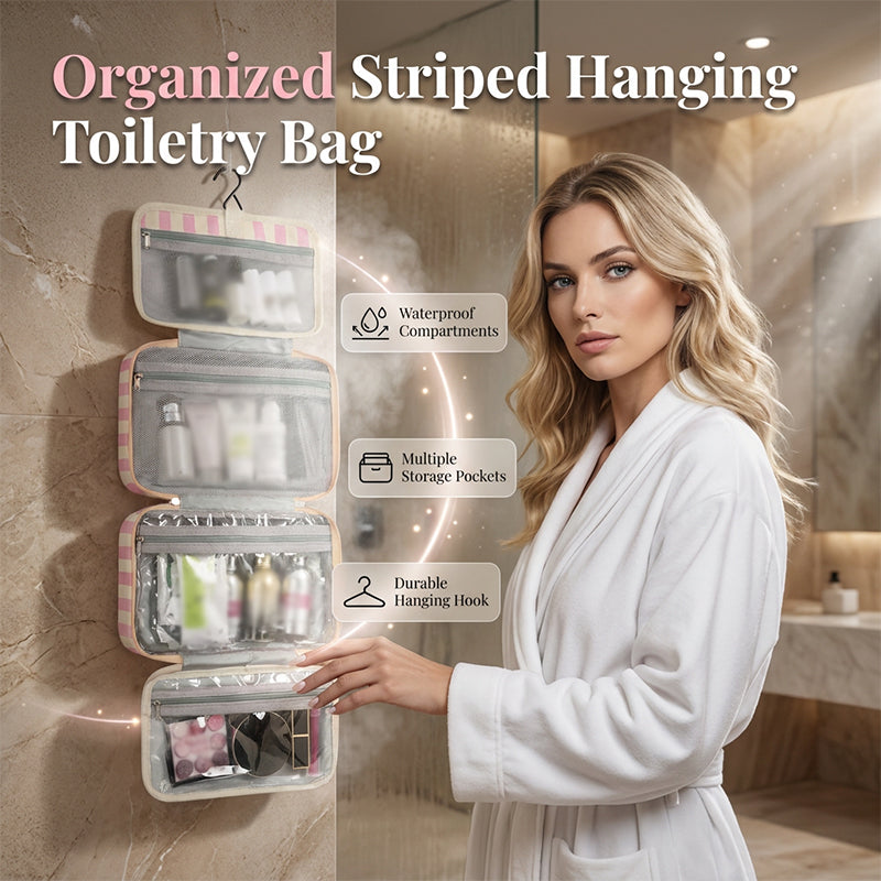 🧳 LIMITED-TIME 49% OFF! ✨ Striped Hanging Travel Toiletry Bag – 4 Compartments, Water-Resistant, Foldable 🚿