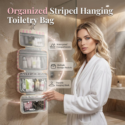🧳 LIMITED-TIME 49% OFF! ✨ Striped Hanging Travel Toiletry Bag – 4 Compartments, Water-Resistant, Foldable 🚿