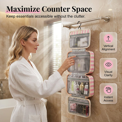 🧳 LIMITED-TIME 49% OFF! ✨ Striped Hanging Travel Toiletry Bag – 4 Compartments, Water-Resistant, Foldable 🚿