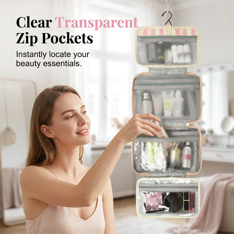 🧳 LIMITED-TIME 49% OFF! ✨ Striped Hanging Travel Toiletry Bag – 4 Compartments, Water-Resistant, Foldable 🚿