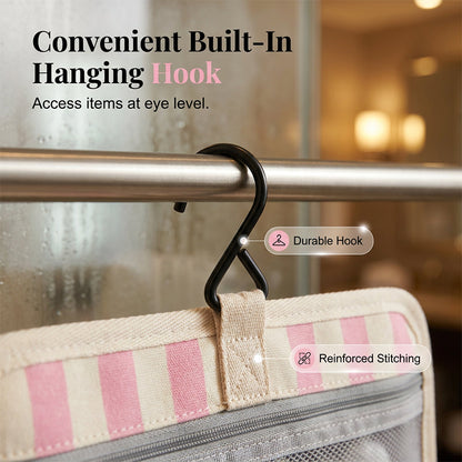 🧳 LIMITED-TIME 49% OFF! ✨ Striped Hanging Travel Toiletry Bag – 4 Compartments, Water-Resistant, Foldable 🚿