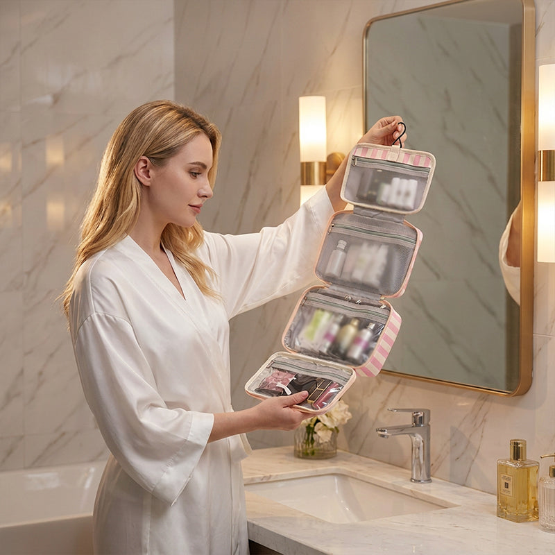 🧳 LIMITED-TIME 49% OFF! ✨ Striped Hanging Travel Toiletry Bag – 4 Compartments, Water-Resistant, Foldable 🚿