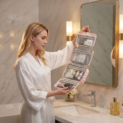 🧳 LIMITED-TIME 49% OFF! ✨ Striped Hanging Travel Toiletry Bag – 4 Compartments, Water-Resistant, Foldable 🚿