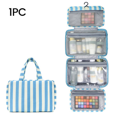 🧳 LIMITED-TIME 49% OFF! ✨ Striped Hanging Travel Toiletry Bag – 4 Compartments, Water-Resistant, Foldable 🚿