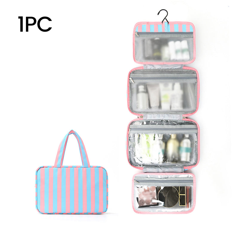 🧳 LIMITED-TIME 49% OFF! ✨ Striped Hanging Travel Toiletry Bag – 4 Compartments, Water-Resistant, Foldable 🚿