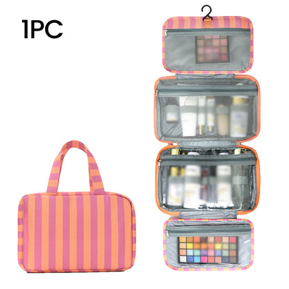 🧳 LIMITED-TIME 49% OFF! ✨ Striped Hanging Travel Toiletry Bag – 4 Compartments, Water-Resistant, Foldable 🚿
