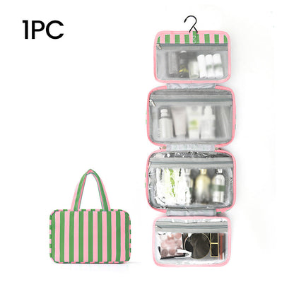 🧳 LIMITED-TIME 49% OFF! ✨ Striped Hanging Travel Toiletry Bag – 4 Compartments, Water-Resistant, Foldable 🚿