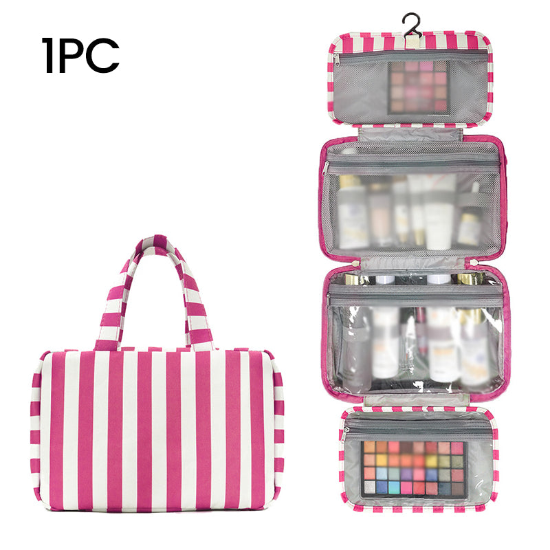🧳 LIMITED-TIME 49% OFF! ✨ Striped Hanging Travel Toiletry Bag – 4 Compartments, Water-Resistant, Foldable 🚿