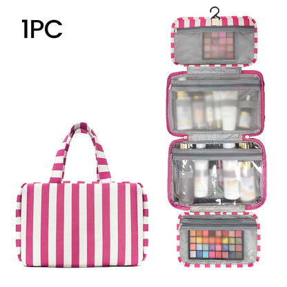 🧳 LIMITED-TIME 49% OFF! ✨ Striped Hanging Travel Toiletry Bag – 4 Compartments, Water-Resistant, Foldable 🚿