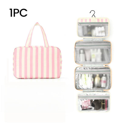 🧳 LIMITED-TIME 49% OFF! ✨ Striped Hanging Travel Toiletry Bag – 4 Compartments, Water-Resistant, Foldable 🚿