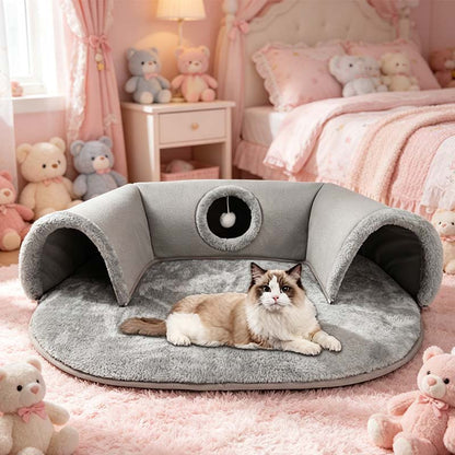 🐱 40% OFF NOW! 🛏️ Plush 2-in-1 Cat Tunnel Bed – Collapsible, scratch-resistant & cozy – combines hideaway tunnel with soft sleeping pad – perfect for play, rest & pouncing 🐾
