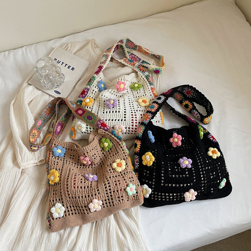 Women’s Crochet Floral Bag 🧶 Ethnic Style Shoulder Tote 🌸